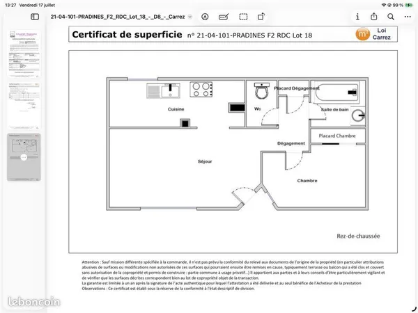F2 avec parking centre juziers direct proprietaire