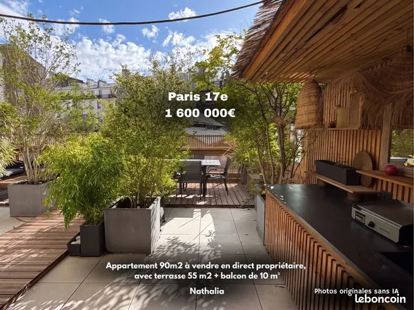 Appartement T3 rénové (90 m2) - Paris 17e - Terrasse 55 m² - Vente entre particuliers