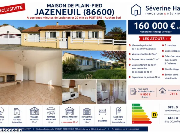 Maison plain-pied - 3 chambres - Véranda - Garage - Terrain 1088 m² - Jazeneuil (86)