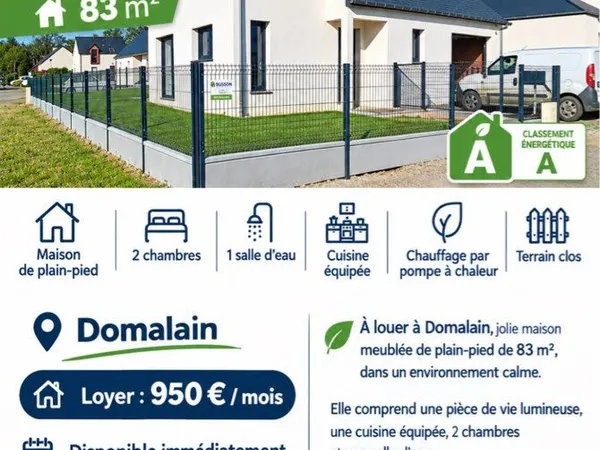 Maison meublée de plain-pied - 83 m² - 2 chambres - Domalain