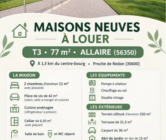 🏡 Maisons neuves T3 à louer à Allaire (56350)