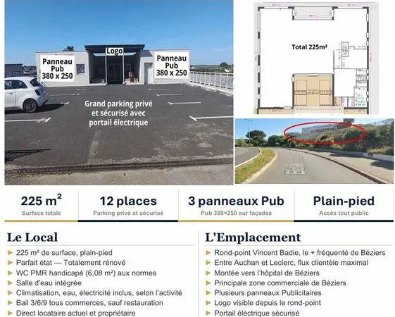 À louer, beau Local commercial/Bureau 225m2 idéalement situé entre Auchan et Leclerc Béziers, montée