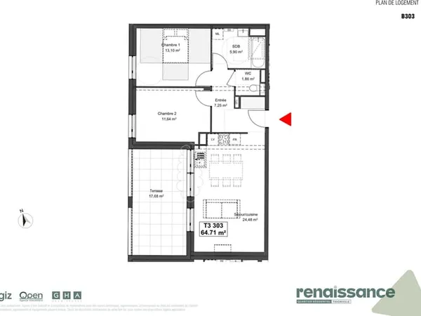 Résidence RENAISSANCE Appartement F3 neuf Lot B303