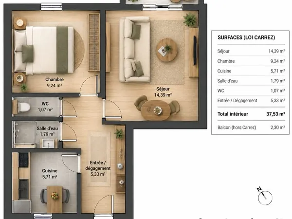 Appartement 2 pièces 38 m²
