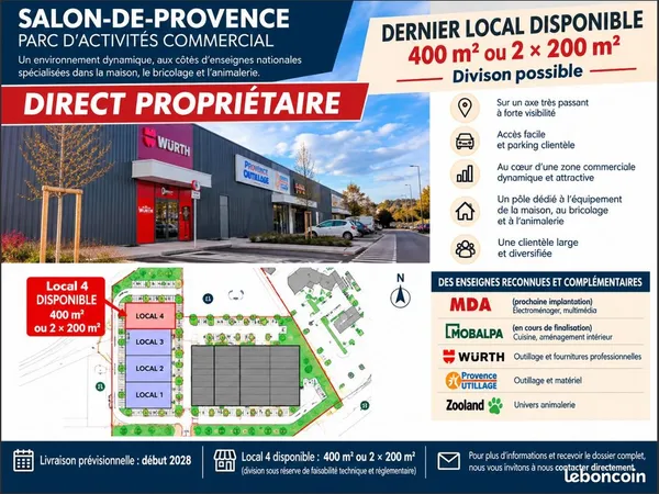 Local commercial neuf 200 à 400 m²- Direct propriétaire- Salon de Provence
