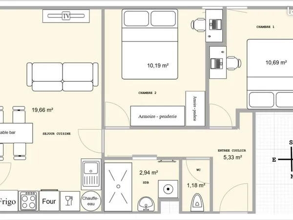 Appartement 51m², comme neuf, 2 chambres