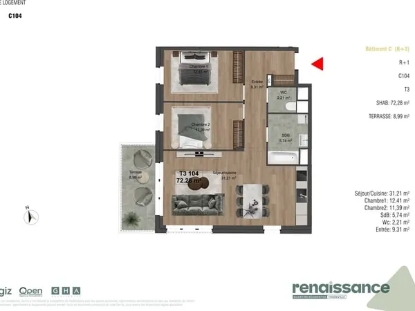 Résidence RENAISSANCE Appartement F3 neuf Lot C104