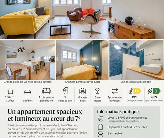 Appartement à louer - 104m² 3 chambres - quartier Chevreul Lyon 7