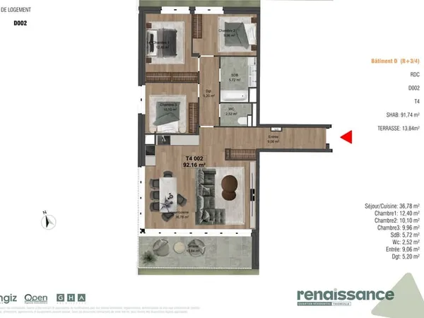 Résidence RENAISSANCE Appartement F4 neuf Lot D002