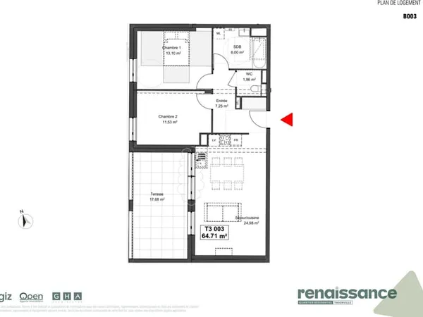 Résidence RENAISSANCE Appartement F3 neuf Lot B3