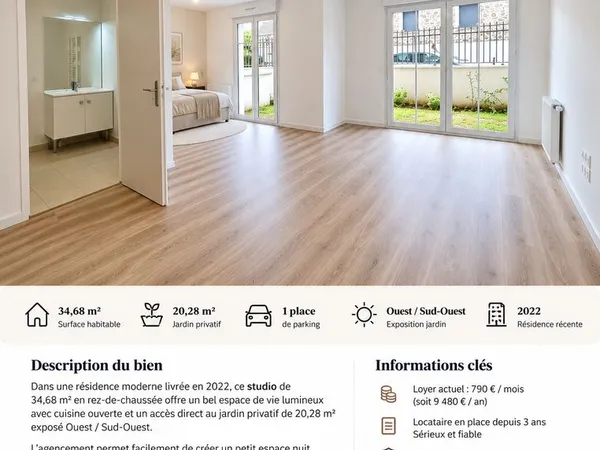À VENDRE - Studio récent avec jardin privatif et parking