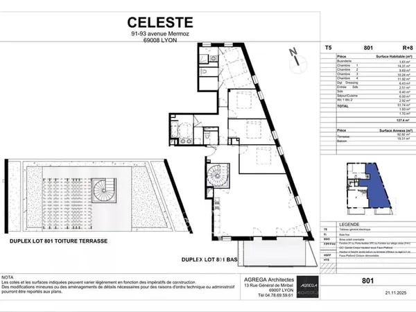 Lyon 8ème - Appartement Duplex 127,40 m² - Toit-terrasse 92,92 m² - Balcon - Garage