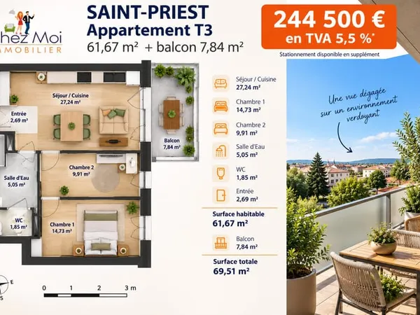 T3 NEUF 61 M² + BALCON / 244 500 € / TVA 5,5 % / C?UR DE SAINT-PRIEST