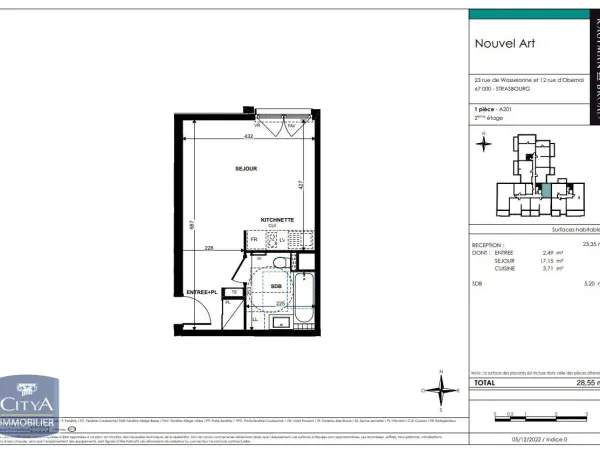 Studio 1 pièce 29 m²
