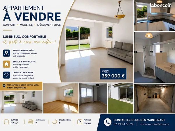 RARE SUR CONCARNEAU : Bel appartement T3 centre ville, rénové de 82 m² avec terrasse plein sud, gara