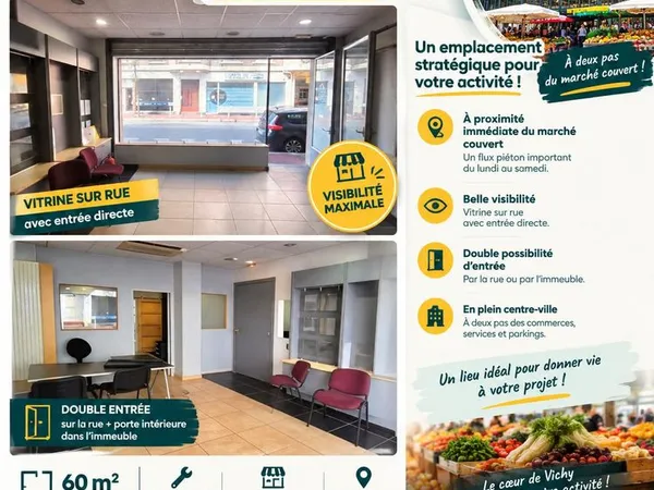 VICHY CENTRE - LOCAL 60 m² AVEC VITRINE - PROCHE MARCHÉ COUVERT - Bail commercial 3/6/9