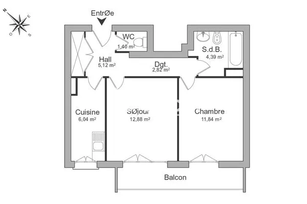 Appartement 2 pièces 44 m²