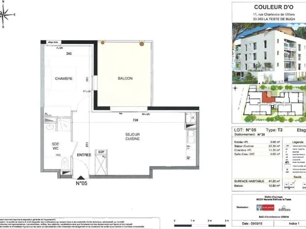 Appt T2 de 41.20m2 avec balcon et parking - centre ville la