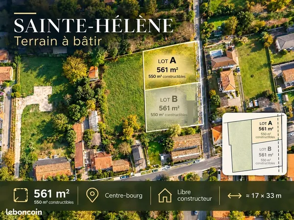 SAINTE-HÉLÈNE - Terrain 550 m² - centre-bourg - libre constructeur