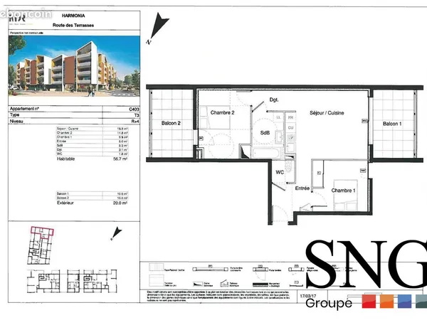 Appartement 3 pièces 57 m²