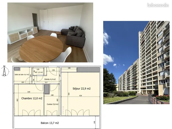 Deux pièces meublé 50m2 avec balcon