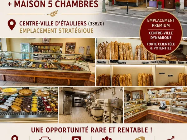 Étauliers centre Boulangerie artisanale avec murs et maison 5 chambres 5 min A10