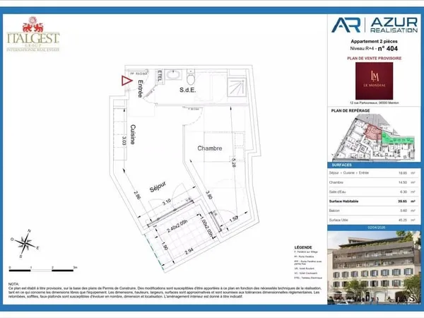 Nouveau projet Le Mondial, appartement deux pièces de 39,65 m2, au quatrième étage, en position cent