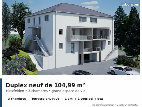 Duplex neuf 104,99 m² - 3 chambres + terrasse + parking + box - Hirtzfelden