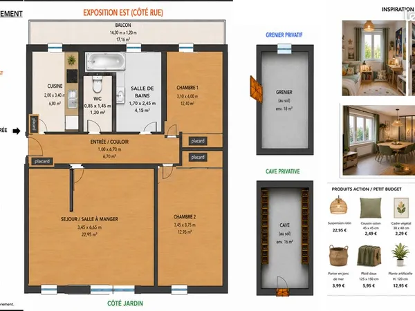 Appartement T3 évolutif en T4 - 69,75 m² - Balcon 17,16 m² - DPE C - Cave - Grenier