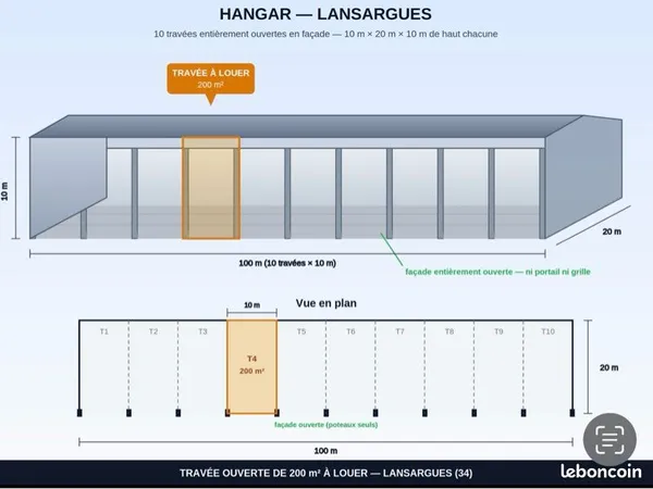 À LOUER - HANGAR 200 m² - 10 M HAUTEUR - STOCKAGE - LANSARGUES
