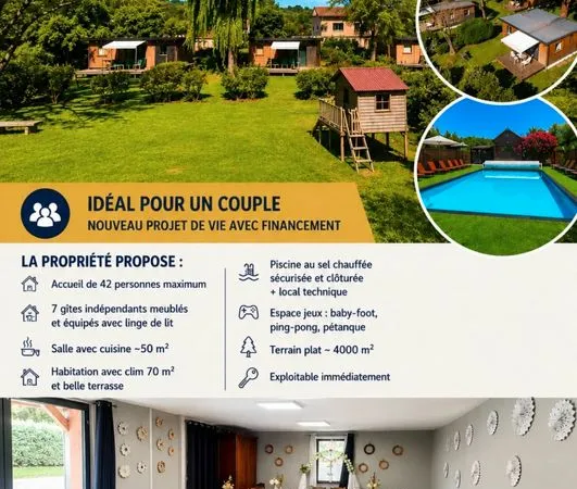 Ensemble de 7 gites équipés+ salle de réception + habitation, piscine chauffée au coeur du Périgord 