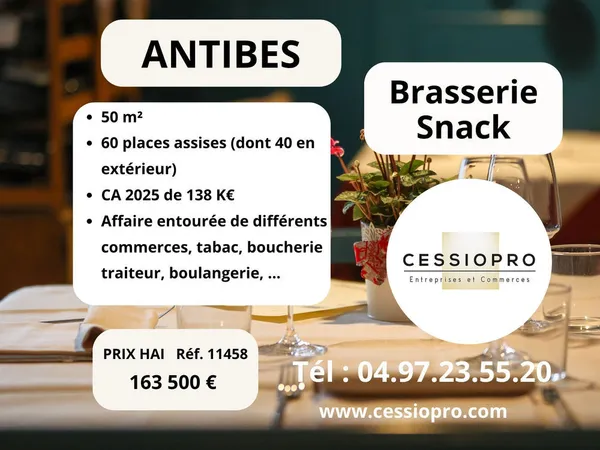ANTIBES, quartier connu et réputé, brasserie snack, terrasse, proche d'un lycée, bonne clientèle.