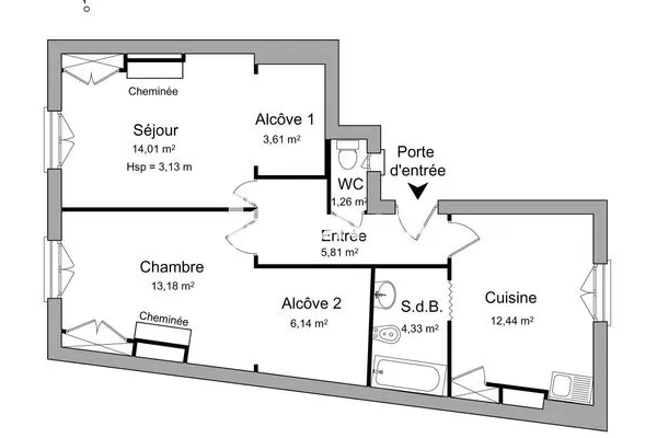Appartement 2 pièces 61 m²