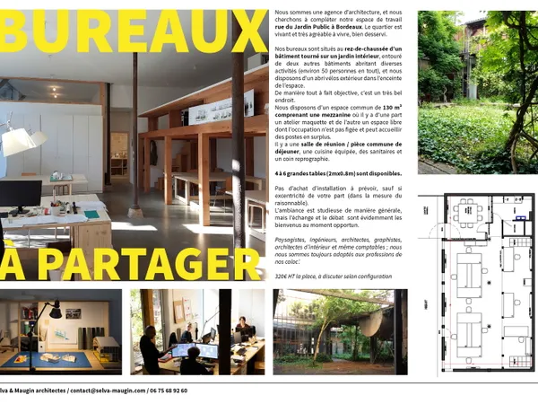 Loue bureaux 130m² à partager, 4 à 6 places