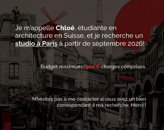 Étudiante en architecture recherche un studio à Paris (budget max. 900 /mois)