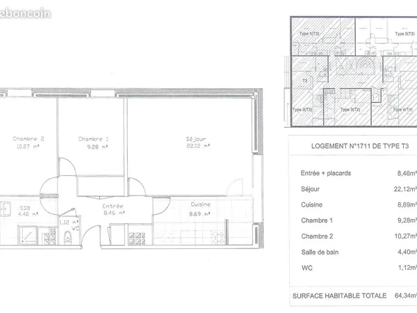 Loue T3 non meublé de 64 m² - Espal -11ème étage