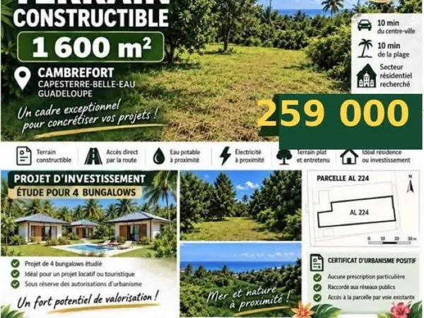 Terrain constructible 1600 m2 à Capesterre ( Belle-eau) Section Cambrefort Guadeloupe