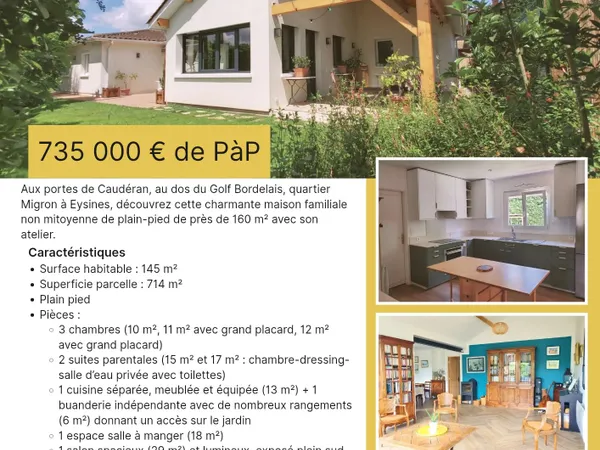 Vends maison familiale de plain pied 160m² sur 714m² de terrain, exp. Sud à Eysines Migron proche Go