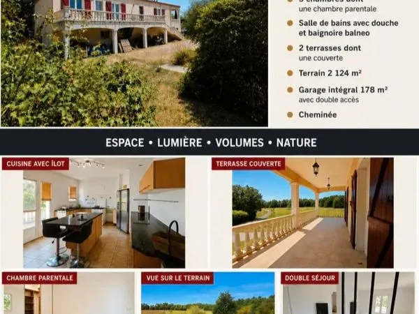 Maison 5 pièces 3 chambres, immense garage, double séjour