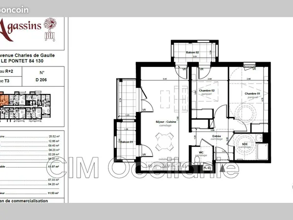 Appartement 3 pièces 61 m²