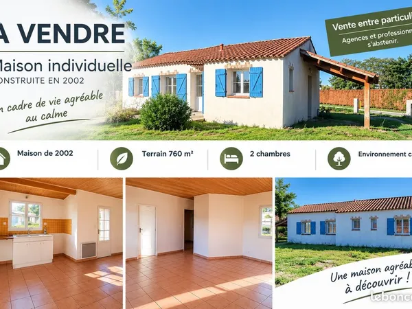 Maison de plain-pied 70 m², terrain 760 m², plein sud - 175 000 net vendeurs