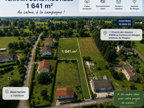 Terrain constructible de 1 641 m² au calme de la campagne - Le Controis-en-Sologne (Phages)