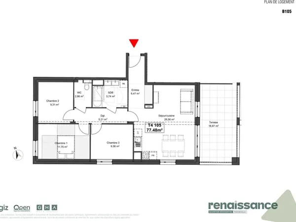 Résidence RENAISSANCE Appartement F3 neuf Lot B105