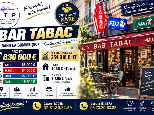 MAGNIFIQUE BAR TABAC FDJ PMU DANS LA PÉRIPHÉRIE D'AMIENS (80)