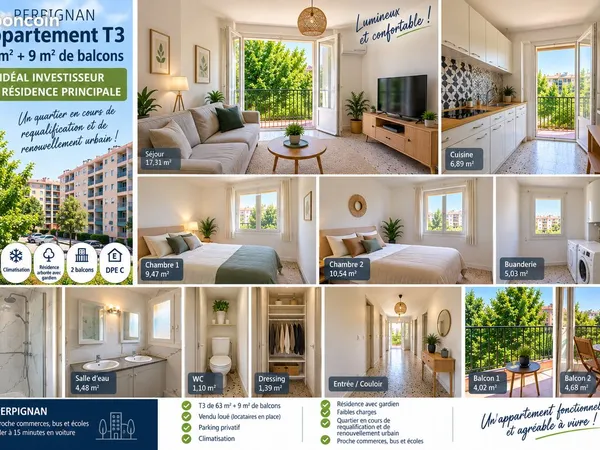 APPARTEMENT T3 - 63 m² - 2 balcons 9M² - Parking - DPE C - Idéal investisseur