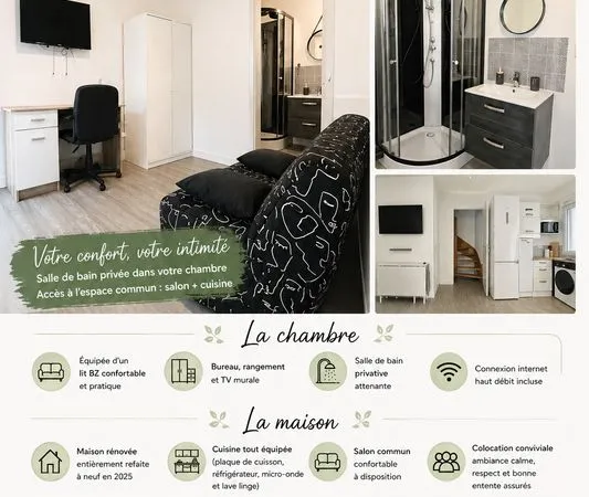 Chambre avec salle de bain privative - Colocation rénovée - Amiens Saint-Maurice