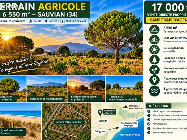TERRAIN AGRICOLE 6 550 m² - SAUVIAN (34410) - À QUELQUES MINUTES DU CENTRE DE SÉRIGNAN PRIX : 17 000