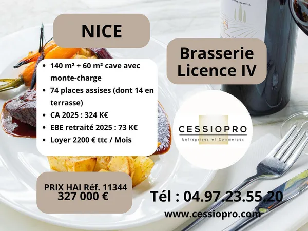 Brasserie Licence IV clés en main Quartier dynamique à proximité de la Promenade des Anglais Nice