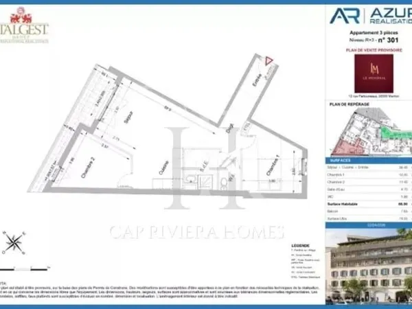 Le Mondial, trois pièces lumineux de 66,90 m2, au troisième étage, au coeur de Menton