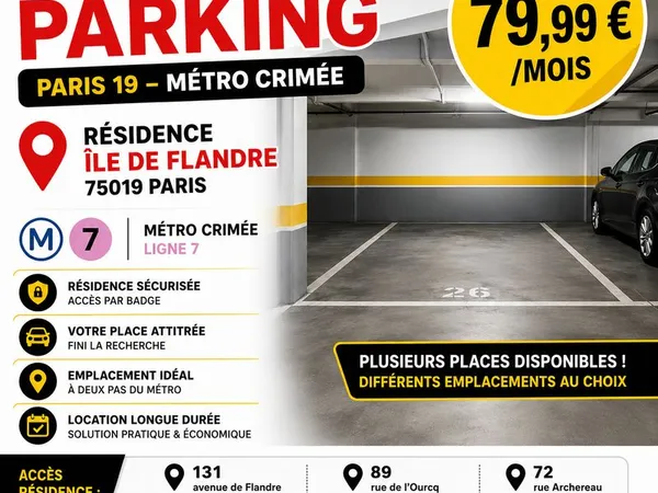 Parking à louer paris 19 - métro crimée - 79,99 /mois